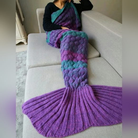 Other - OMBRE Teal Purple Crochet Knit Mystical Fairy Mermaid Tail Cocoon‎ Throw Blanket